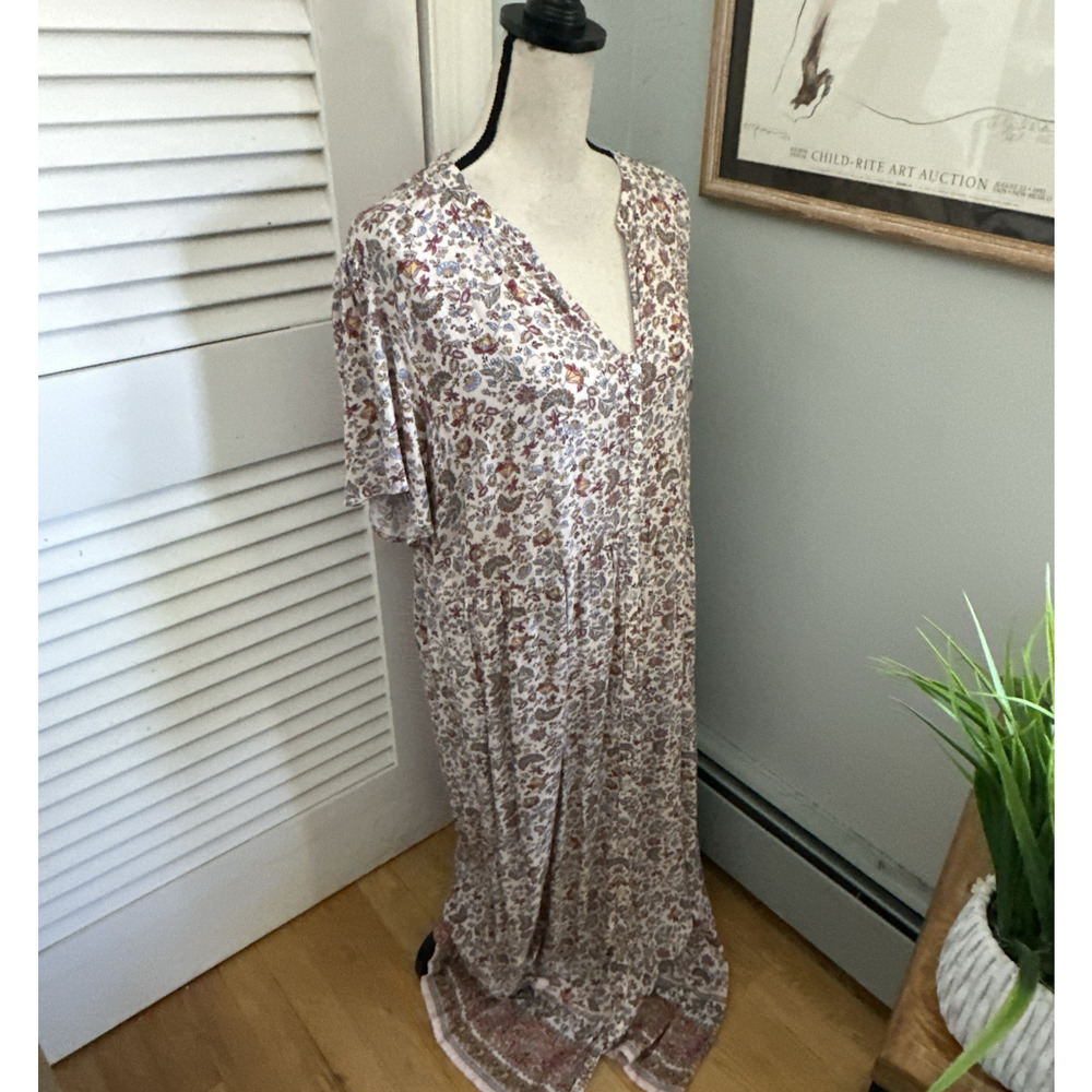 J Jill Maxi Dress Womens Large Beige Micro Floral Shift Earthy Prairie Boho Chic - Picture 5 of 12